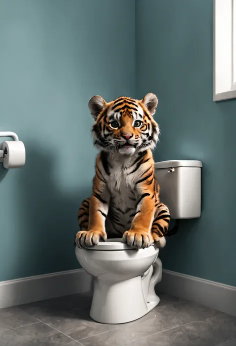 tigre mignon qui est assis sur les toilettes