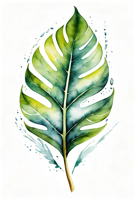 arte conceitual (ultrarrealista:1.3) watercolor tropical leaf illustration on white background, pintura colorida em aquarelaa, p...