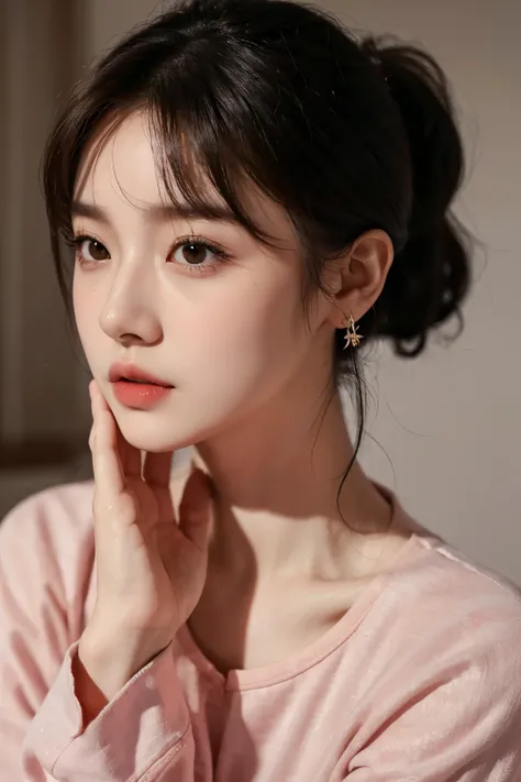 1girl, korean kpop idol and model ,23 years old,soft body, fair skin,liuhai hairstyle, dual tied ponytail,close-up, 8k, RAW photo, best quality, masterpiece,realistic, photo-realistic,cute, cropped pijamas , earrings, High image quality, full body