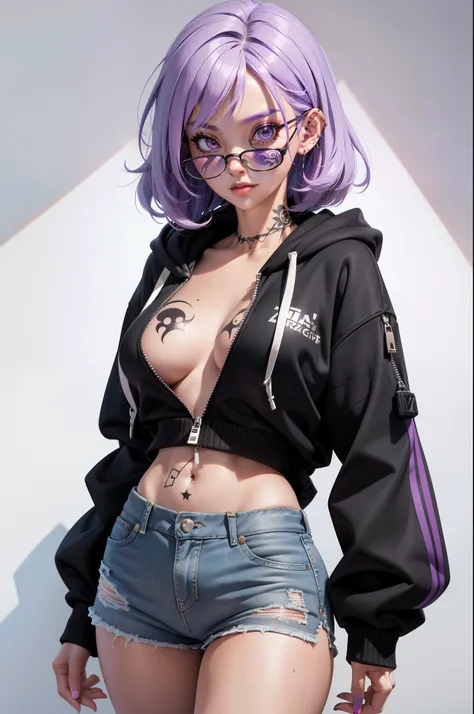 (most detailed, 8k, brilliantly executed),(high resolution, extreme attention taken to detail),(1girl),(pastel purple hair, black open zipped hoodie, jean shorts, tattoos),(nose piercing) Glasses