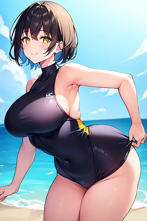 1girl, large breasts, breasts, wide hips, thick thighs, pueple hair, short hair, very short hair, yellow eyes, one-piece swimsuit, blue swimsuit, competition swimsuit, black one-piece swimsuit, light smile, full body, smile