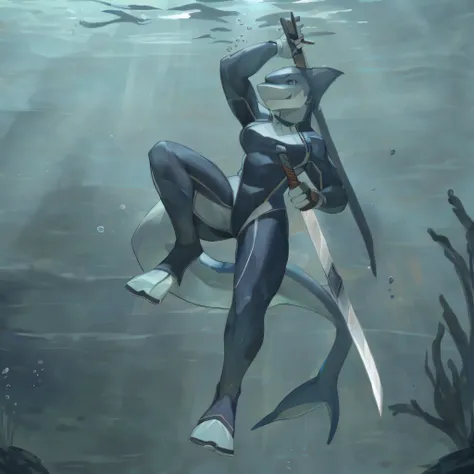 a drawing of a smiling female shark in a dive suit holding a sword, badass pose, swimming flippers, katana, anthro female, shark...