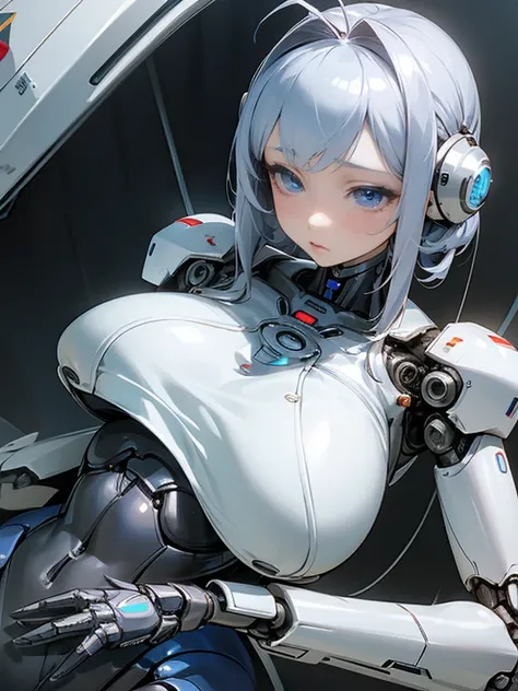 a extremely delicate and beautiful girl, anime style,masterpiece, high quality, best quality, highly detailed, insanely detailed, 4K、1 female robot、The model is a Japanese woman in her 50s.、Internal machinery exposed、silver metallic robot body、Spherical jo...