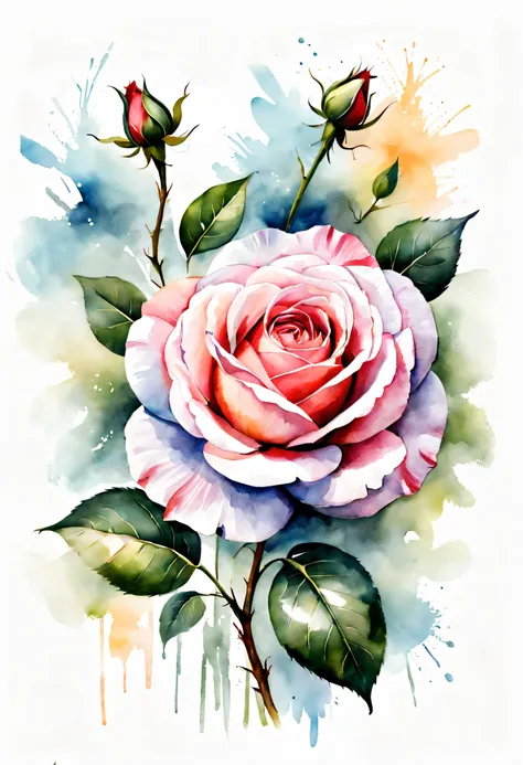 arte conceitual (ultrarrealista:1.3) watercolor rose floral draw illustration on white background, pintura colorida em aquarelaa...