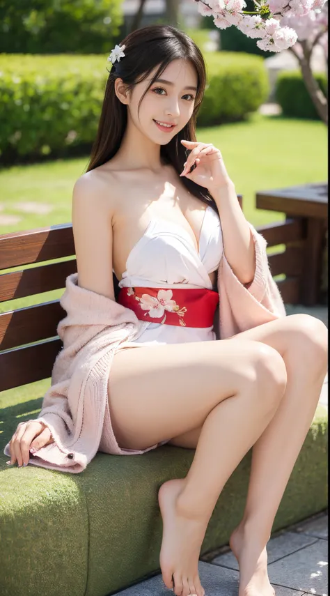 (Mastrepeace:1.2,Best Quality,ultra-detailliert) sexy kimono, Bare shoulder, Bare legs, Open V chest clothes, sexy cute beautiful detailed face, 1girl in, The face of the Japan idol, NSFW, The cherry tree, flower eating hairstyle ig smile, Nice teeth, Sexy...