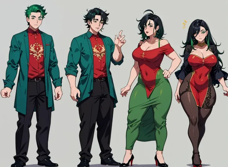 masterpiece,  best quality,gender transformation, mtf, sequence, cloth bulge, full body, standing,  background, erection under clothes, black hair, green hair, , dress,