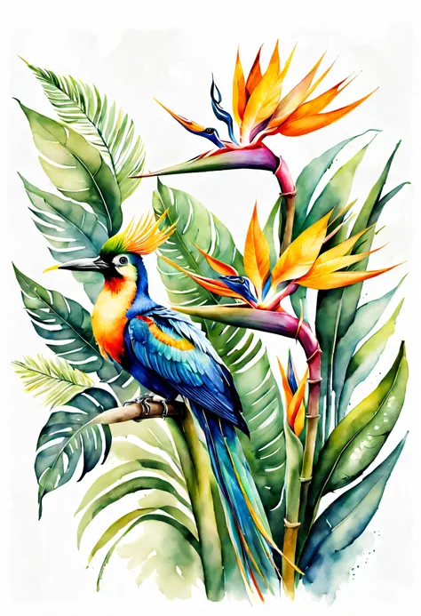 arte conceitual (ultrarrealista:1.3) watercolor birds of paradise floral draw illustration on white background, pintura colorida...