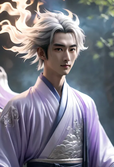 火焰/butterflys/Loim，There was a young, handsome, thin man, Male nine-tailed silver fox in Japanese mythology，Long hairs, On clothes, The nine tails spread out behind the back like a fan, He smiled, He smiled thoughtfully, (tmasterpiece), whole-length, face ...