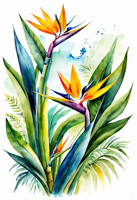 arte conceitual (ultrarrealista:1.3) watercolor birds of paradise floral draw illustration on white background, pintura colorida...