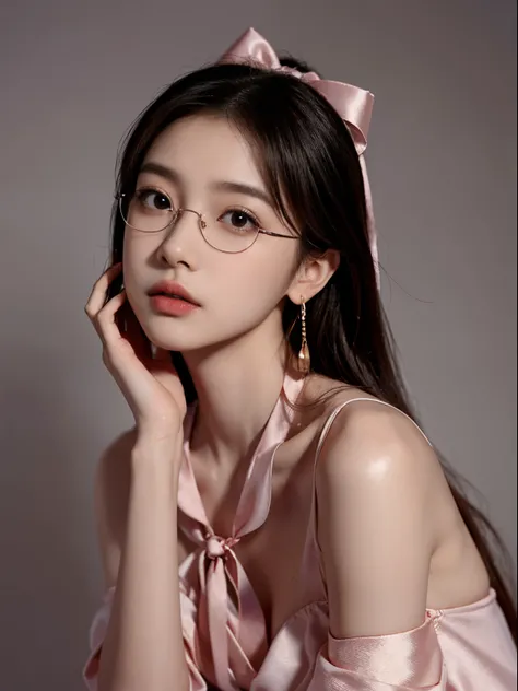 1girl, korean kpop idol and model ,23 years old,soft body, fair skin,close-up, 8k, RAW photo, best quality, masterpiece,realistic, photo-realistic,cute,  bandage dress , jewelleries, earrings, High image quality, full body, ribbon tie,rose gold spectacles