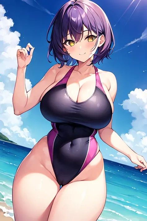 1girl, large breasts, breasts, wide hips, thick thighs, purple hair, short hair, very short hair, yellow eyes, one-piece swimsuit, blue swimsuit, competition swimsuit, black one-piece swimsuit, light smile, smile, from above, cleavage