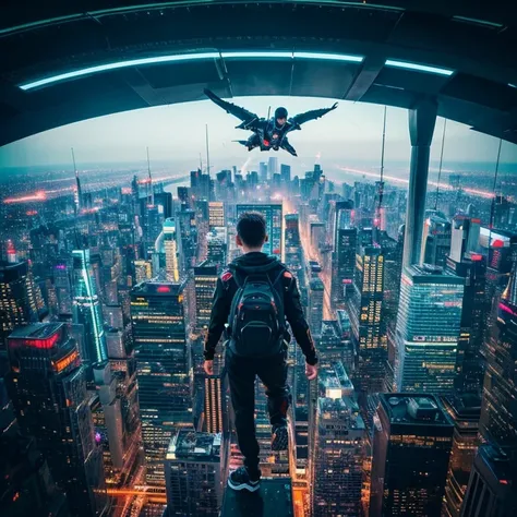 one boy,flying over a futuristic city,cyberpunk