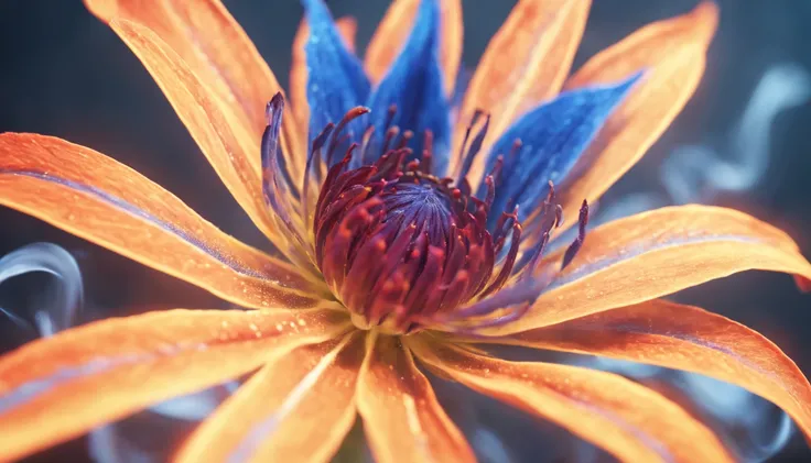 Close-up shooting, In the photo, a fiery flower glows with multi-colored flames, in the center of the flower there  a blue flame and at the edges there  a red flame, there  a darkened space around and only some outlines of objects are visible from the ligh...