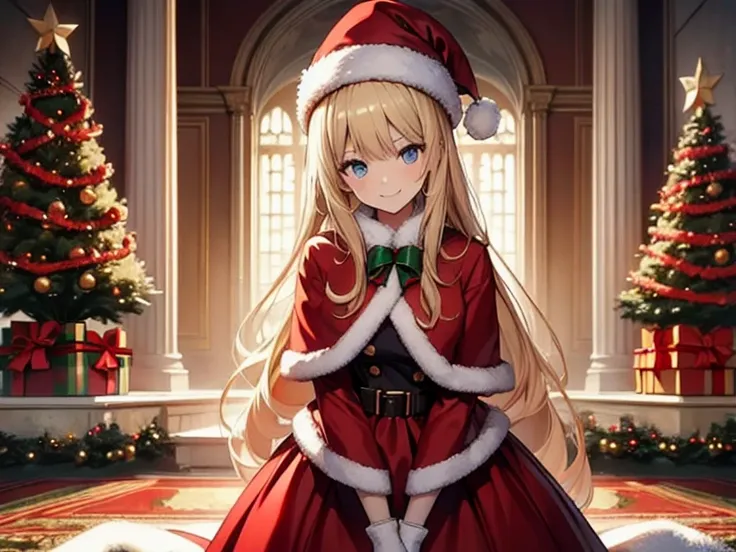 Masterpiece, high-quality, beautiful art, 1 girl, 20 years old, blonde long hair, wear red Santa hat, red Santa clothes, smile, blue eyes, in the room, Fireplace, Christmas tree