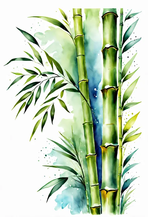 arte conceitual (ultrarrealista:1.3) watercolor bamboo floral draw illustration on white background, pintura colorida em aquarel...