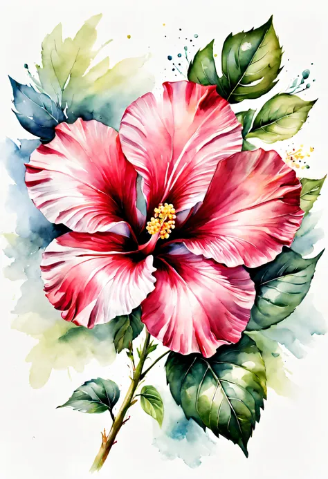 arte conceitual (ultrarrealista:1.3) watercolor hibiscus floral draw illustration on white background, pintura colorida em aquar...