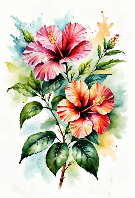 arte conceitual (ultrarrealista:1.3) watercolor hibiscus floral draw illustration on white background, pintura colorida em aquar...