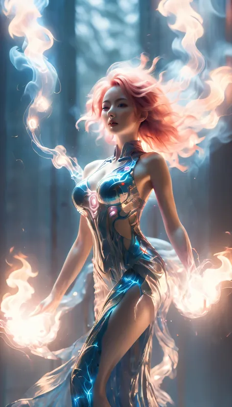 (theelementoffire:1.1),Composed of fire elements,(1 busty girl:1.2),catching fire,transparency,Fiery,(Molten rock),Flame skin,Flame print,fiery hair,smokes,cloud,LOP,,a girl wrapped in flames, Flames rise and sparkle,burning hands,Translucent glow,Highly r...