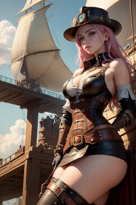 Chloe Grace Moretz as a sexy, busty, steampunk girl, in command of a steampunk airship, (Best Quality, 8k, High, Masterpiece:1.2), Ultra-Detailed, (Realistic, Photorealistic:1.37), HDR, Backlit studio and sharp focus, surrounded by vivid colors. The airshi...