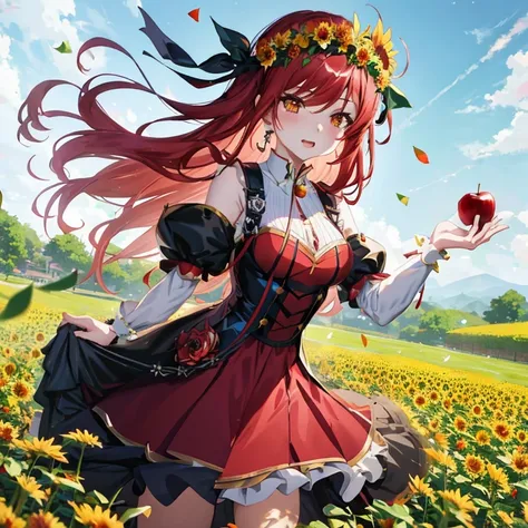 Anime girl with red hair and a flower crown holding an apple, cushart krenz key art feminine, Rias Gremory, marin kitagawa fanart, Beautiful sunflower anime girl, cushart krenz, Rin, sakimichan, Cute anime waifu in a nice dress, Ayaka Genshin Impact, Trend...