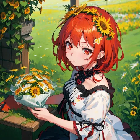 Red-haired anime girl with a bouquet of daisies, high quality portrait, with flowers, guweiz, guweiz on pixiv artstation, Beautiful sunflower anime girl, Rin, artwork in the style of guweiz, guweiz on artstation pixiv, Magic flower in hand, marin kitagawa ...