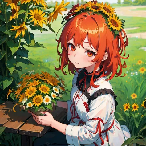 Red-haired anime girl with a bouquet of daisies, high quality portrait, with flowers, guweiz, guweiz on pixiv artstation, Beautiful sunflower anime girl, Rin, artwork in the style of guweiz, guweiz on artstation pixiv, Magic flower in hand, marin kitagawa ...