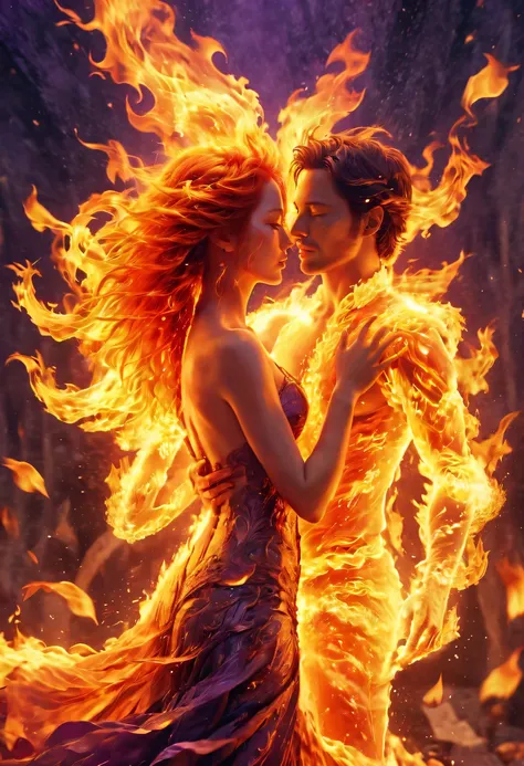 tmasterpiece, Best quality, Detailed pubic hair, A high resolution, (火焰/火焰/Loim，dynamic scene:1.3)，Romantic couple kissing in fire，firestorm, catching fire, strange fantasy images, great skin texture，Magic Array, Cast spells, Fantastical, Purple power, str...