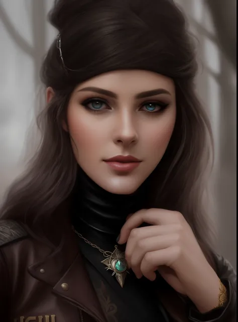 close-up of a woman wearing a leather jacket and necklace, Detailed matte fantasy portrait, detailed beauty portrait, fantasy art portrait, digital fantasy portrait, in the art style of bowater, fantasy portrait art, Masterpiece! Portrait of Arwen, gorgeou...