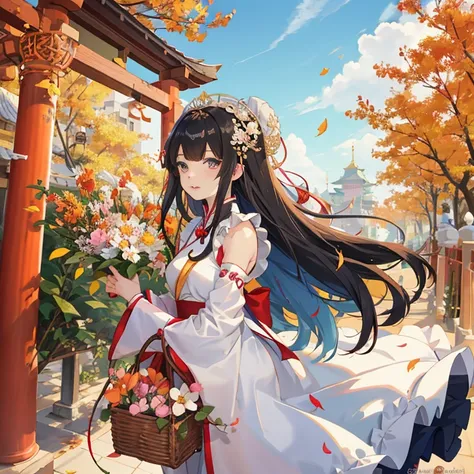 Anime girl with long hair and white dress holding a basket of flowers, palatial palace ， a girl in hanfu, the goddess of autumn harvest, The wind blows the leaves, Goddess of Autumn, Anime art wallpaper 8k, Empress of autumn, Anime visuals of cute girls, B...