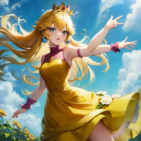 anime girl in a yellow dress with flowers in her hair, beautiful sunflower anime girl, cute anime waifu in a nice dress, blonde ...