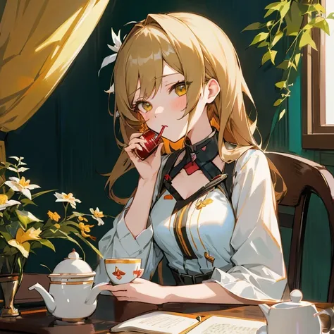 Anime girl sitting at the table with a book and tea,  ((drinking a cup of tea)), Drinking tea, Anime visuals of cute girls, from girls frontline, Beautiful Anime Portrait, Fine details. girls frontline, girls frontline style, high quality portrait, Beautif...