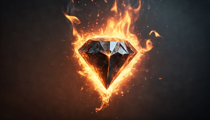 dark background, flames blazing on a dark background, the flame forms a burning diamond with a rune in the center, great depth o...