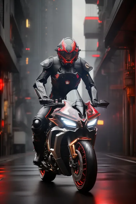 (1 Cyberpunk mecha hummananoid)(1 humanoid  mecha man), mecha man is in a Black and red trim leather race suit riding on a black and red futuristic Ducati Panigale V4 race motorcycle, the mecha man is popping a wheelie on a back mountain streets at night, ...