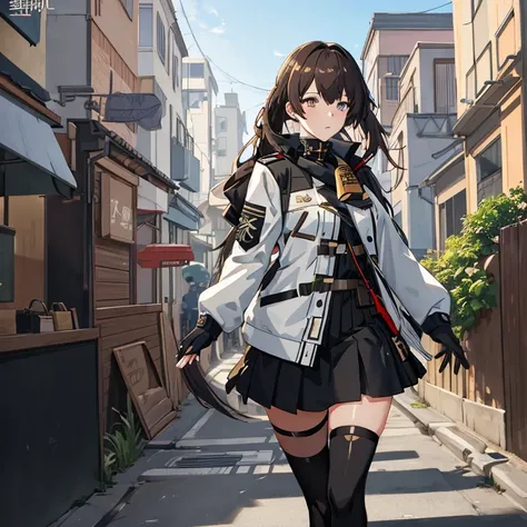 Anime girl in short skirt and jacket walks down the street, girls frontline style, best anime 4k konachan wallpaper, artwork in the style of guweiz, anime style 4 k, guweiz, girls frontline cg, Fine details. girls frontline, from girls frontline, girls fro...