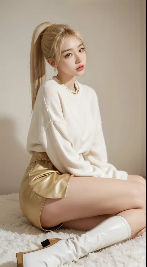 1girl, 175cm,korean kpop idol and model, 22 years old,soft body, close-up, 8k, RAW photo, best quality, masterpiece,realistic, photo-realistic,seductive,cute,A beautiful woman in a tight skirt,tall white boots，Liuhai hairstyle,ponytails hairstyle , gold wh...