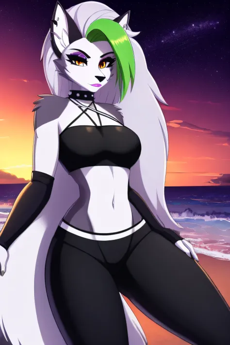 best quality, (masterpiece:1.1), roxanne fusion loona, solo, furry female, body fur, makeup, sexy clothes, super detailed, high detail eyes, perfect proportion, night beach