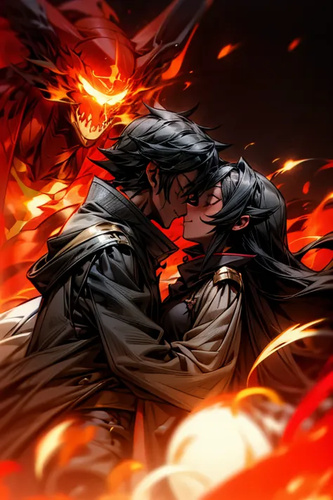 (flame/火焰/loimu，dynamic scene:1.3)，romantic couple kissing in fire