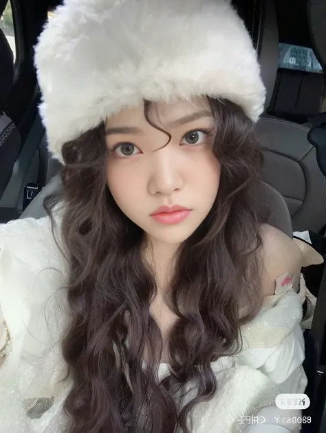 araffe woman with long dark hair wearing a white hat, white curly hair, ulzzang, curly bangs, sakimichan, with long curly hair, with hat, belle delphine, with white long hair, pale snow white skin, wearing a cute hat, wearing a chocker and cute hat, fluffy...