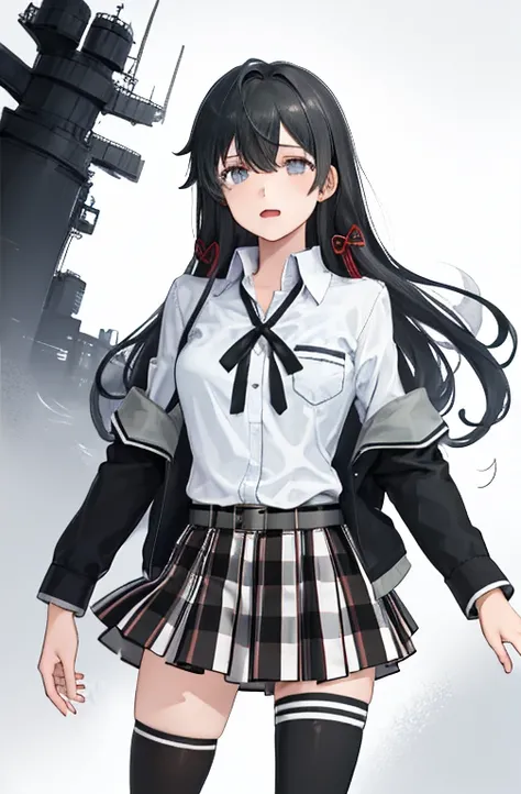 1 girl as yukino yukinoshita, absurdres,  highres, solo, school uniform, big breasts, waist long black hair, (twintails:0.5), miniskirt, black thighhigh socks, loose red ribbon, unbuttoned white shirt, ahegao, (rolling eyes:1.5)