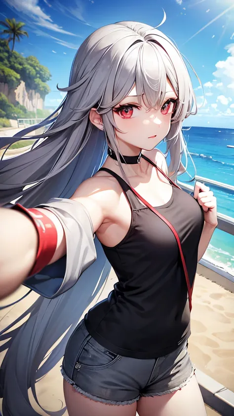 Beautiful gray hair、Beautiful red eyes、Longhaire、Tube Top、shortpants、a choker、Selfie wind