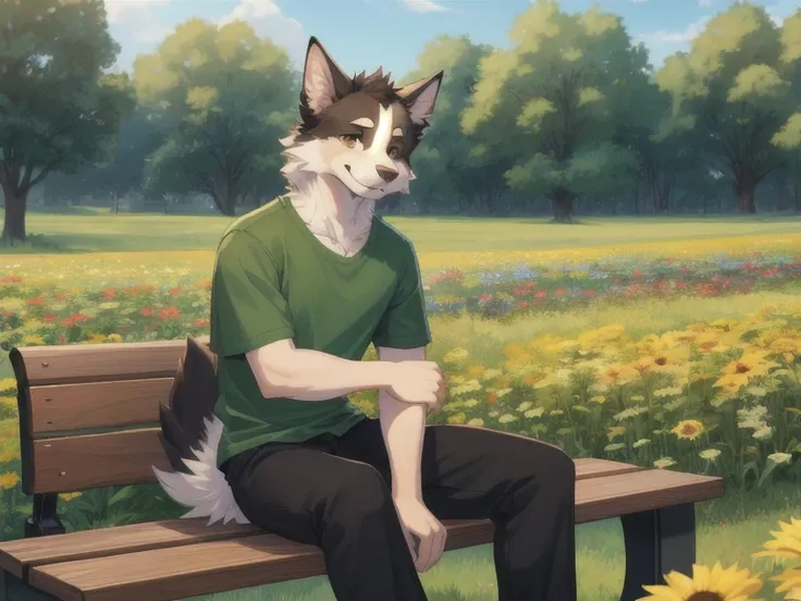 1boy anthro, Border Collie, 20 years old, handsome, wear green shirt and black pants, brown eyes, detailed eyes, smile, in the flower field, sitting on a bench, sunny day,high quality, Masterpiece