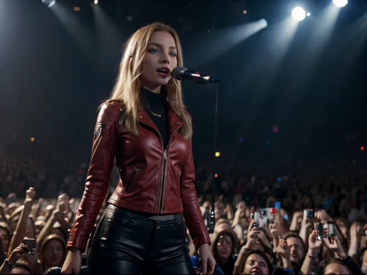 Tomorrowland festival, Belgica, Blonde woman, blue eyes, singing with a microphone, cantando, red leather jacket, black pants, perfect body, ultra-realistic HD, 8K render, realistic, cinematic, photorealistic, Unreal Engine 5, bright sunny day, full screen