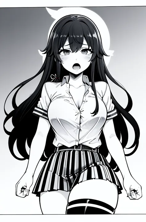 1 girl as yukino yukinoshita, absurdres,  highres, solo, school uniform, big breasts, waist long black hair, (twintails:0.5), miniskirt, black thighhigh socks, loose red ribbon, unbuttoned white shirt, (ahegao:1.2), (rolling eyes:1.2)