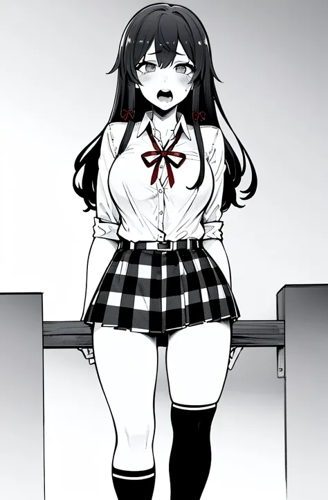 1 girl as yukino yukinoshita, absurdres,  highres, solo, school uniform, big breasts, waist long black hair, (twintails:0.5), miniskirt, black thighhigh socks, loose red ribbon, unbuttoned white shirt, (ahegao:1.2), (rolling eyes:1.2)