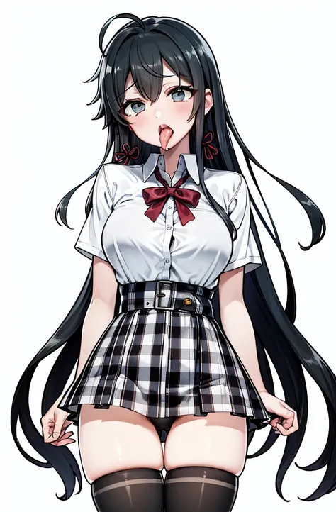 1 girl as yukino yukinoshita, absurdres,  highres, solo, school uniform, big breasts, waist long black hair, (twintails:0.5), miniskirt, black thighhigh socks, loose red ribbon, unbuttoned white shirt, (ahegao:1.2), (rolling eyes:1.2)