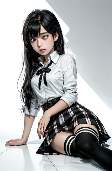 1 girl as yukino yukinoshita, absurdres, highres, solo, school uniform, big breasts, waist long black hair, (twintails:0.5), miniskirt, black thighhigh socks, loose red ribbon, unbuttoned white shirt, ahegao, (rolling eyes:1.5)