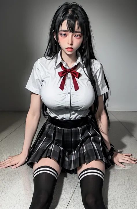 1 girl as yukino yukinoshita, absurdres, highres, solo, school uniform, big breasts, waist long black hair, (twintails:0.5), miniskirt, black thighhigh socks, loose red ribbon, unbuttoned white shirt, ahegao, (rolling eyes:1.5)