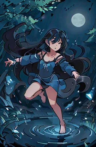 ((perfect asian girl)) ((very long blue-black hair)) full body, dancing on the surface of a moonlit lake in the forest, wearing only a thin gossamer nightgown