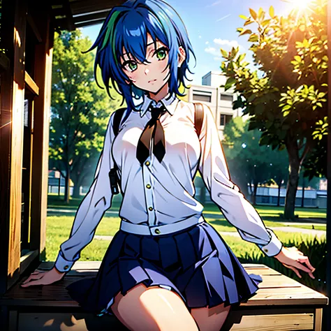 1 woman , short hair, blue hair, green locks, green hair lights, wearing white student shirt, black skirt, flat chest, small bre...