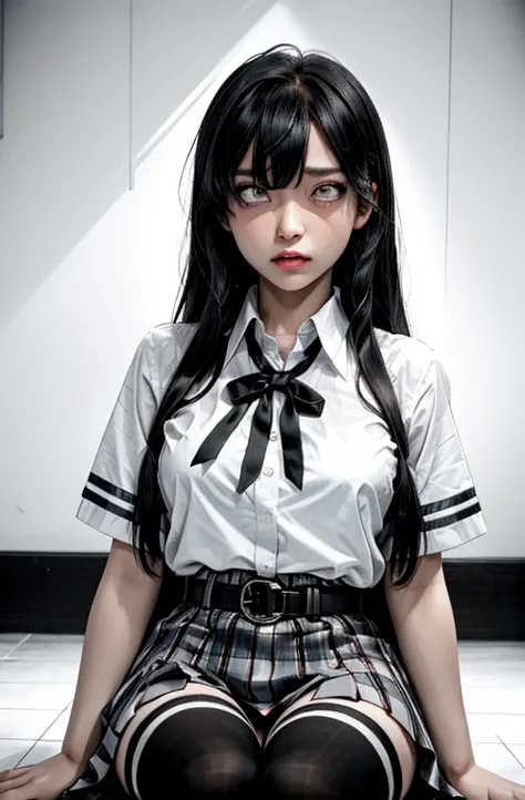 1 girl as yukino yukinoshita, absurdres, highres, solo, school uniform, big breasts, waist long black hair, (twintails:0.5), miniskirt, black thighhigh socks, loose red ribbon, unbuttoned white shirt, ahegao, (rolling eyes:1.5)